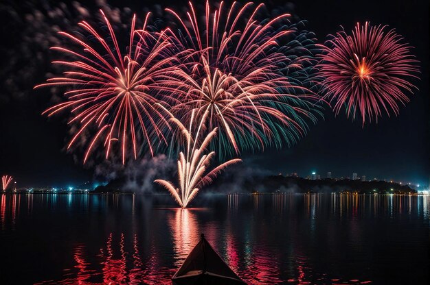 Spectacle de feux d'artifice le long du port avec des lumières colorées