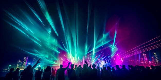Un spectacle de lumière disco coloré avec une foule en arrière-plan