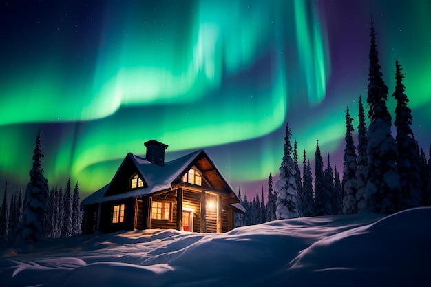 Spectacle massif d'aurores boréales au-dessus d'une cabane couverte de neige