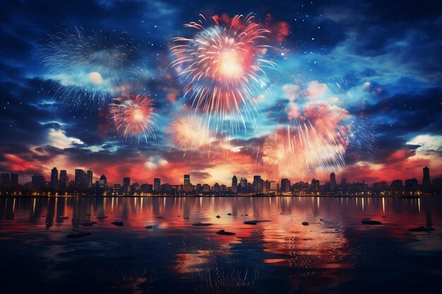 Spectaculaire feu d'artifice bleu blanc et rouge illuminant le ciel nocturne au-dessus de la rivière Generative Ai