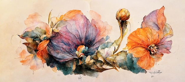 Spectaculaire fleur fraîche de printemps et d'été peinte à l'aquarelle sur fond de papier blanc Illustration 3D d'art numérique