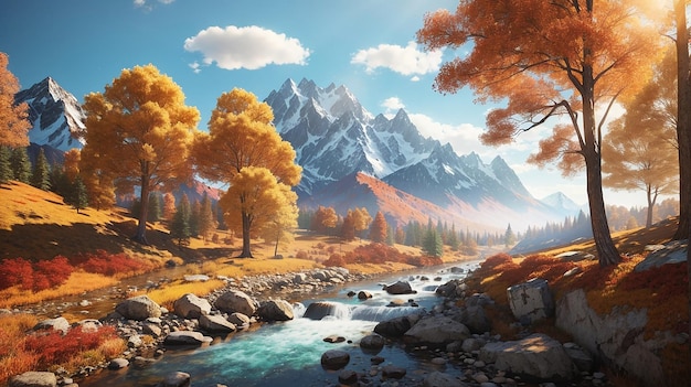 Spectaculaire forêt d'automne scène de montagne et de ruisseau art numérique illustration 3D