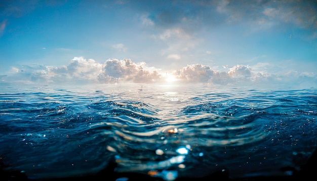 Spectaculaire lever de soleil sur l'océan calme se reflétant dans l'eau Art numérique Illustration 3D