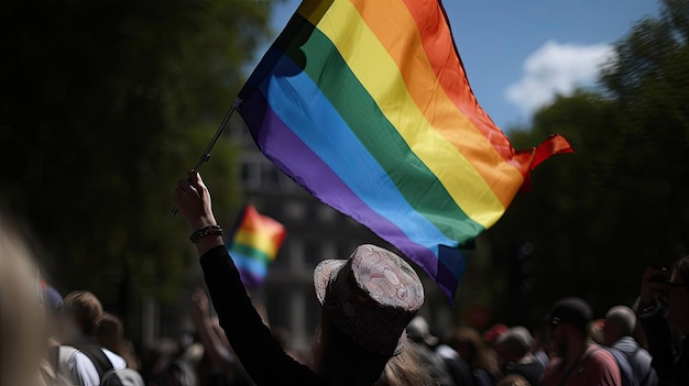 Un spectateur agite un drapeau arc-en-ciel gay lors d'une marche de la fierté gay LGBT avec Generative AI Technology