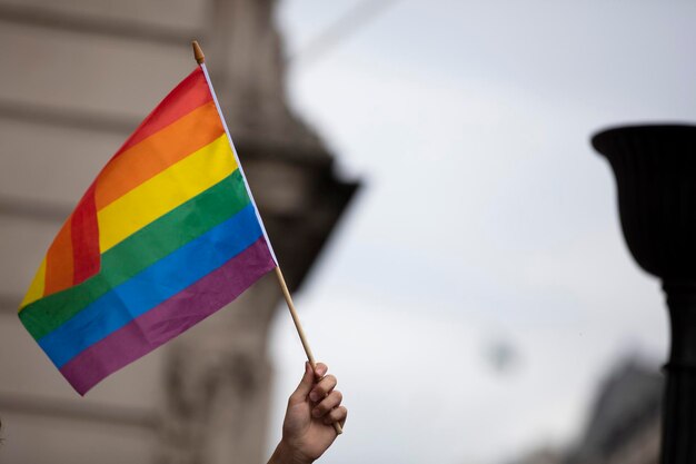 Un spectateur agite un drapeau arc-en-ciel gay lors d'une marche de la fierté gay lgbt à Londres