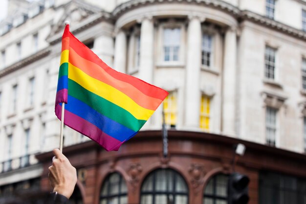 Un spectateur agite un drapeau arc-en-ciel gay lors d'une marche de la fierté gay LGBT à Londres