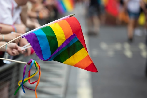 Les spectateurs agitent un drapeau arc-en-ciel gay lors d'un événement communautaire lgbt gay pride