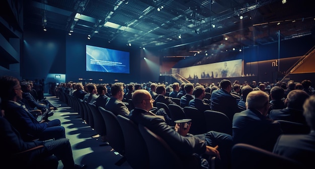 Spectateurs dans la grande salle Concert cinéma ou salle d'affaires beaucoup de gens regardent le grand écran