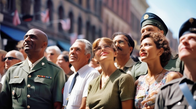 Les spectateurs regardent un défilé militaire festif par une journée ensoleillée dans la rue pour célébrer le jour de l'indépendance.