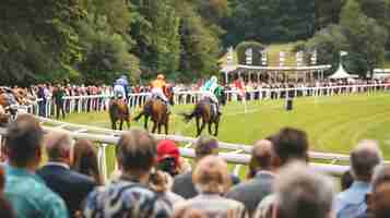 Photo des spectateurs regardent trois jockeys monter leurs chevaux vers la ligne d'arrivée sur une piste de courses de chevaux.