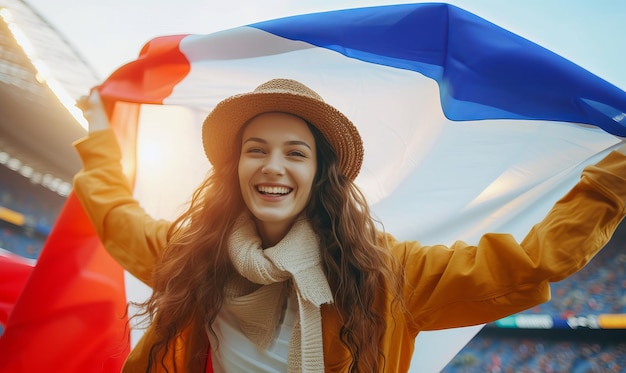 Une spectatrice sportive excitée tenant un drapeau de France dans un stade sportif