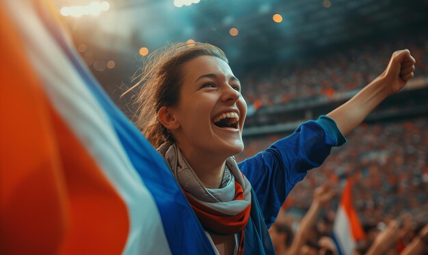 Une spectatrice sportive excitée tenant un drapeau de France dans un stade sportif