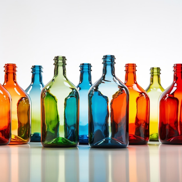 Photo spectre de créativité bouteilles en verre vibrantes sur fond blanc avec amplement d'espace pour le texte