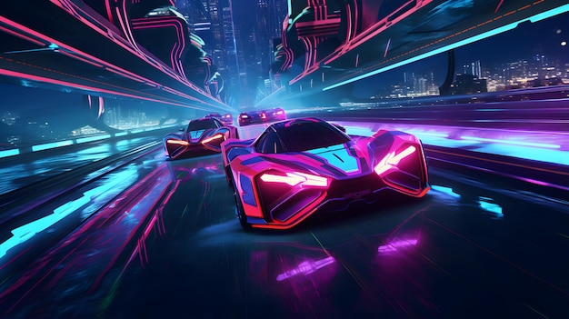 Des speedsters futuristes font la course sur une piste de néon