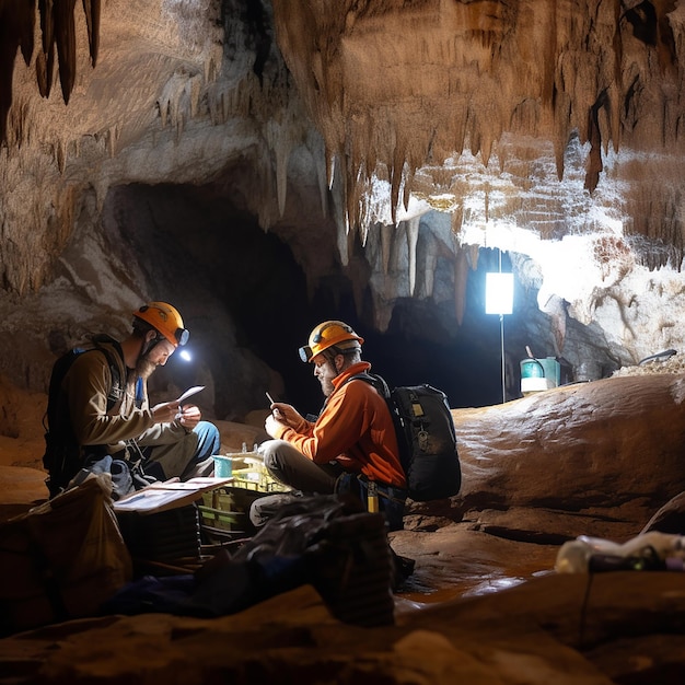 Des spéléologues avec un équipement spécial dans une grotte karstique sombre avec des stalactites et des stalagmites