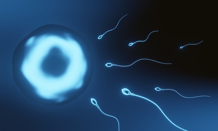 Photo spermatozoïdes et ovules microscopiques bleus 3d