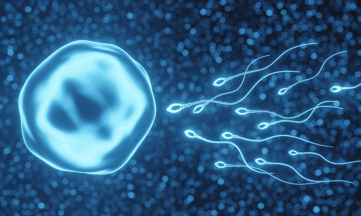 Photo spermatozoïdes et ovules microscopiques bleus 3d