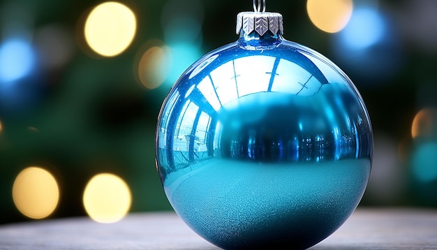 Une sphère bleue brillante reflète les lumières de Noël sur un arbre décoré généré par l'IA