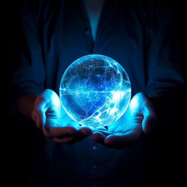 Sphère bleue lumineuse tenue par une main humaine