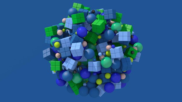 Sphère avec des boules et des cubes bleus et verts. Illustration abstraite, rendu 3d.