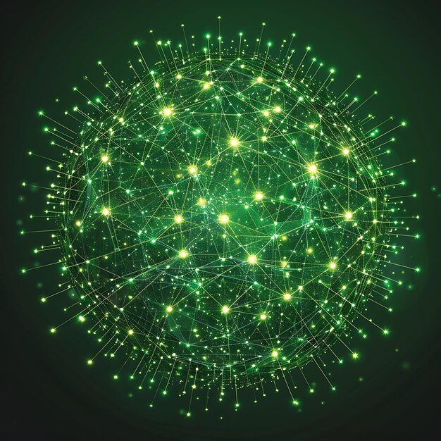 une sphère composée d'étoiles et de points verts est représentée sur un fond vert