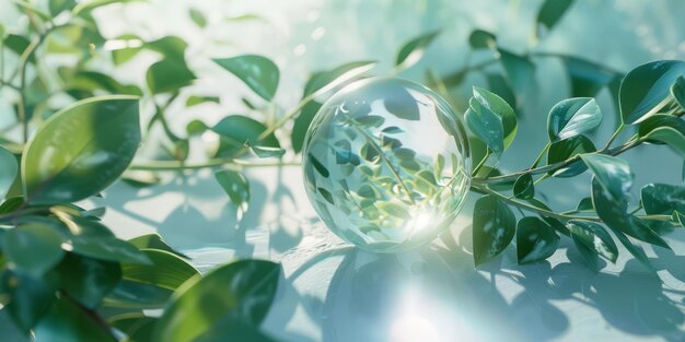 La sphère cristalline amplifie la beauté des feuilles d'eucalyptus vertes