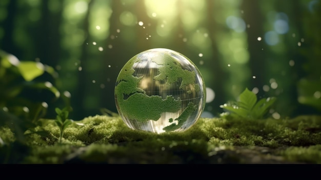 Sphère cristalline transparente dans une forêt verte remplie de lumière solaire L'herbe et les arbres se reflètent dans le globe de verre Protection des ressources en eau concept Soins environnementaux Jour de la Terre rendu 3D