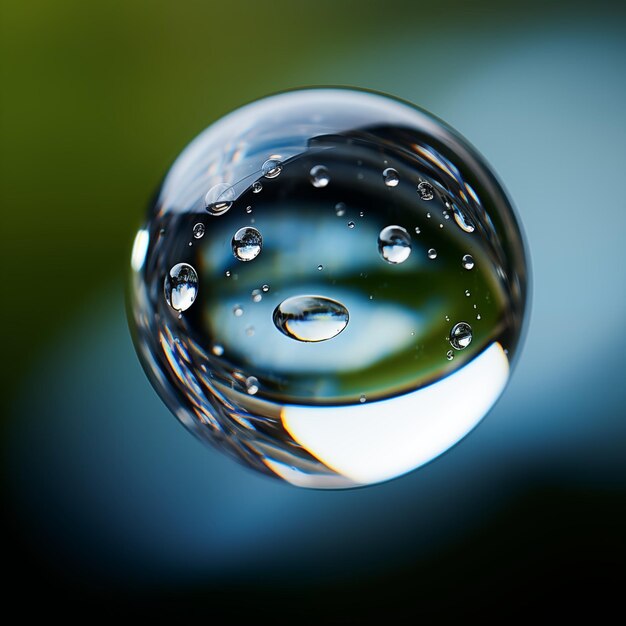 Sphère de goutte d'eau entière unique reflétant un fond flou