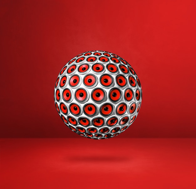 Sphère de haut-parleurs isolée sur fond de studio rouge. Illustration 3D