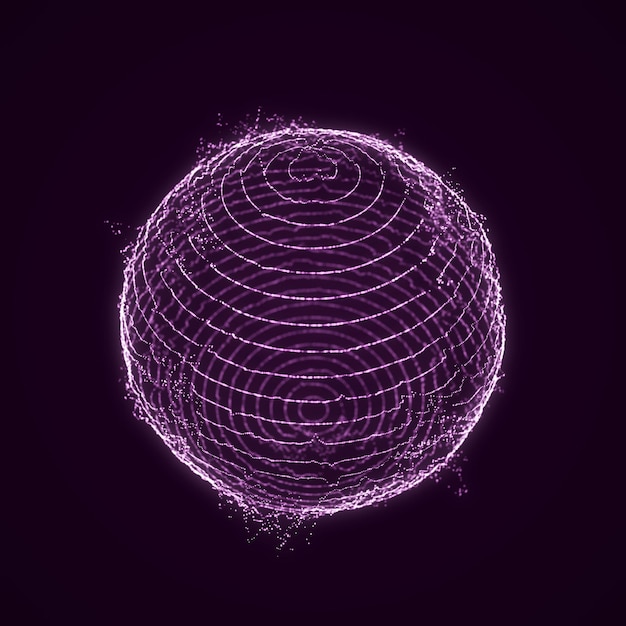 Sphère Avec Des Lignes Courbes De Particules Sur Fond Violet Lignes Lumineuses Torsadées Connexion Au Réseau Mondial Rendu 3d De Style Technologique Futuriste