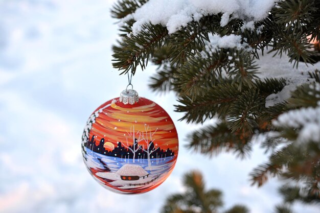 sphère de noël accrochée à une branche de sapin avec de la neige dans la forêt, gros plan