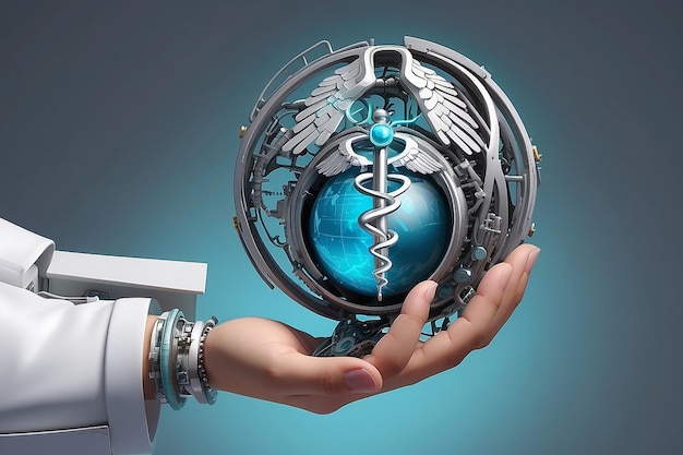 Photo sphère robotisée tenant la main avec illustration conceptuelle du caduceux