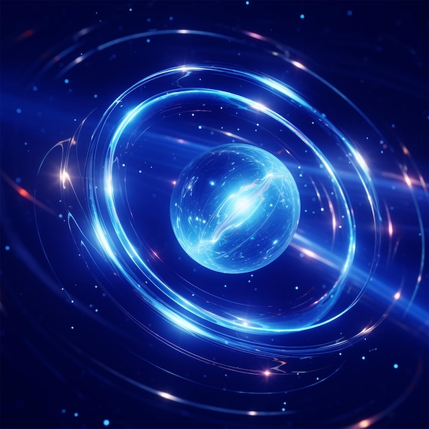 Une sphère spatiale lumineuse orbite autour d'une galaxie abstraite bleue.