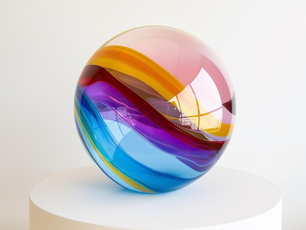 Photo une sphère de verre colorée est sur un support blanc
