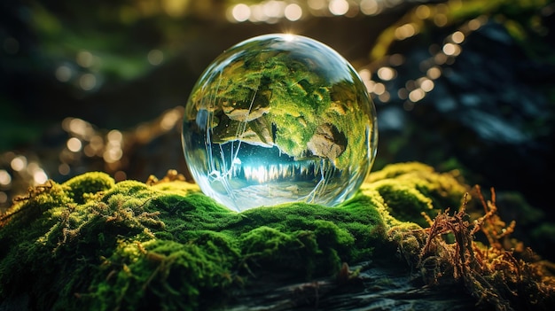 Une sphère de verre avec la forêt en arrière-plan