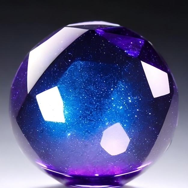 une sphère de verre violet et bleu avec un fond blanc