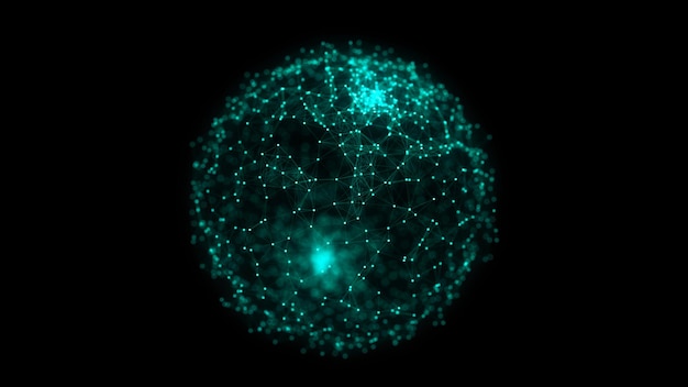 Sphère verte abstraite sur fond noir Structure de cercle filaire avec particules et lignes lumineuses Illustration numérique futuriste rendu 3D