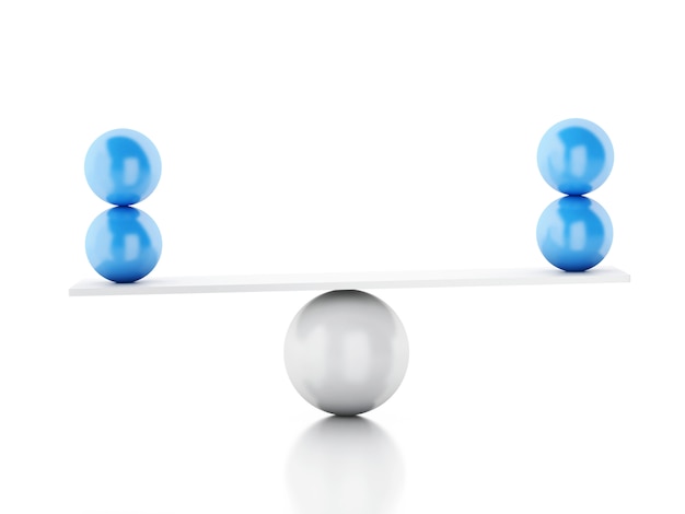 Sphères 3D en équilibre sur une balançoire.