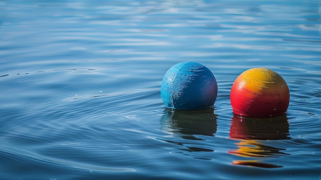 Des sphères bleues et rouges vibrantes flottant sur la surface d'une eau calme