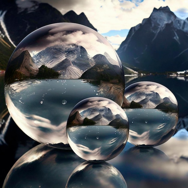 Sphères d'eau transparentes sur fond de montagnes et d'eau Reflet de la terre