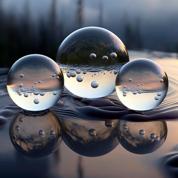 Sphères d'eau transparentes sur fond de montagnes et de reflets d'eau