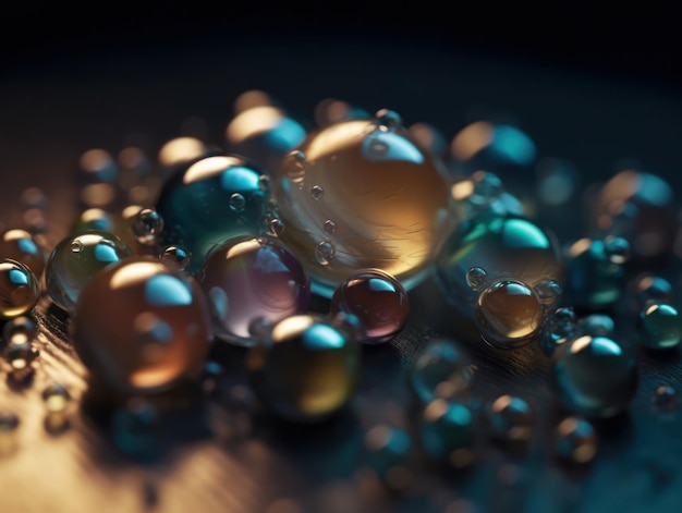 Sphères de perles irisées sur fond sombre Formes dynamiques liquides Créées avec la technologie Generative AI