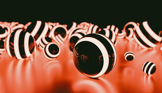 Sphères rougeoyantes orange en position aléatoire avec effet de lumière dans le rendu 3D de fond futuriste sombre