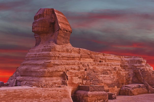 Sphinx dans le contexte des grandes pyramides égyptiennes Plateau de Gizeh Afrique