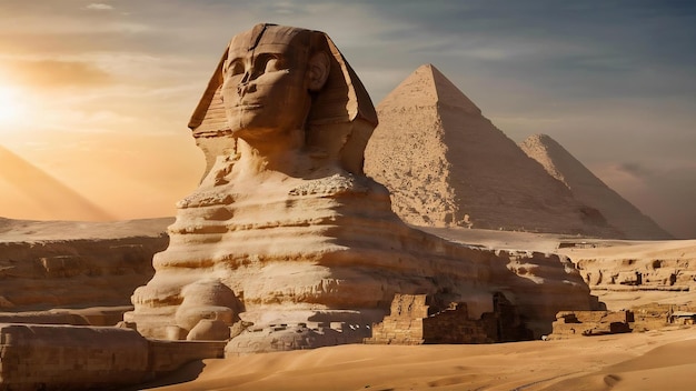 Le sphinx de Gizeh à côté des pyramides dans le désert égyptien