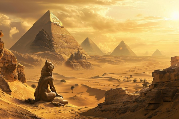 Photo le sphynx et les pyramides sous le soleil du désert un paysage égyptien ancien serein ai généré