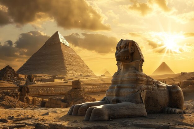 Photo le sphynx et les pyramides sous le soleil du désert un paysage égyptien ancien serein ai généré
