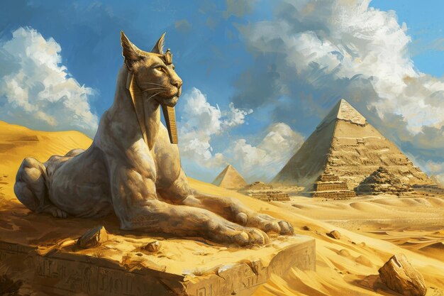 Le Sphynx et les Pyramides sous le soleil du désert Un paysage égyptien ancien serein Ai généré