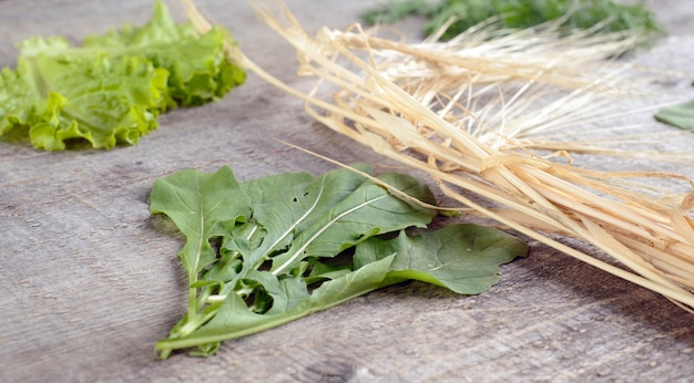 Spica de blé alimentaire biologique et ingrédients pour la salade sur la vieille vue de dessus de table en bois rustique