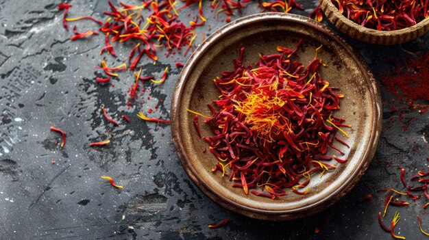 Spices Saffron Saffron sur une table en bois dans un bol antique assaisonnements